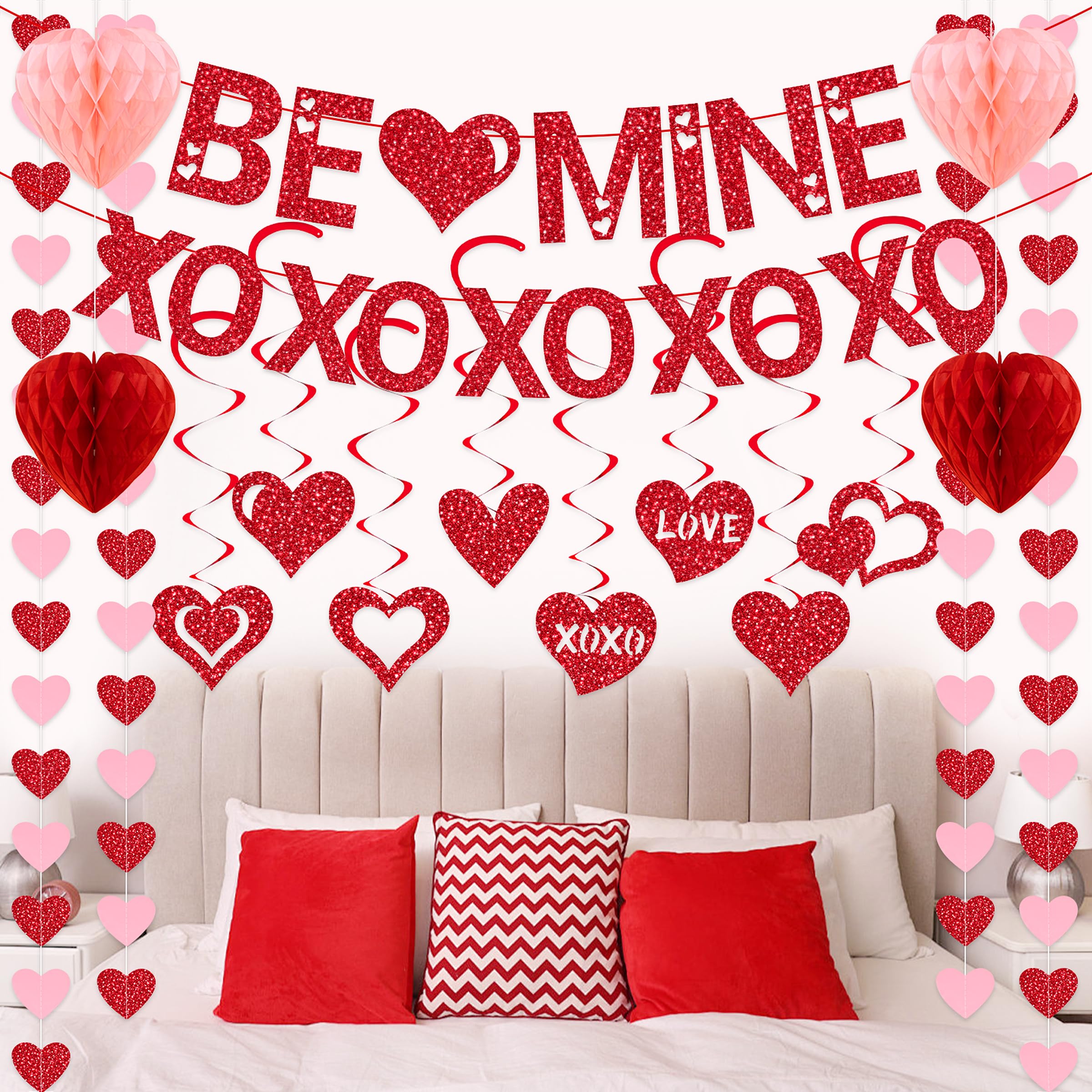 Pre-Strung Valentines Day Decorations, Red BE Mine XO Valentine's Banner,Heart Garlands & Hanging Swirls & Heart Honeycomb for Party Supplies, Valentines Decor Home Anniversary Wedding Bedroom