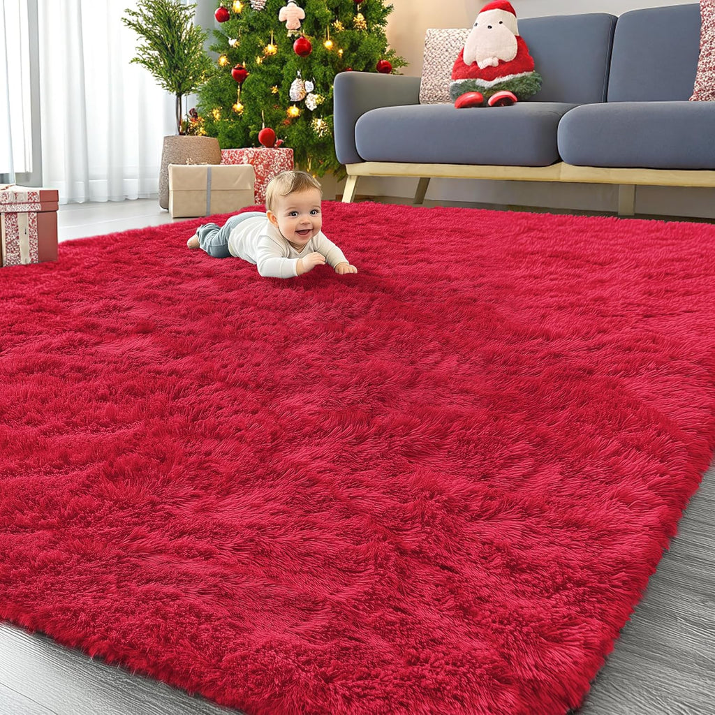 OLANLY Large Area Rug - Soft Fluffy Shaggy Carpet for Living Room & Bedroom | 9x12 Red Indoor Decor