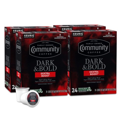 Community Coffee Dark & Bold Extra Boost Coffee Pods - 96 Count for Keurig 2.0 | Bold Flavor & Convenience