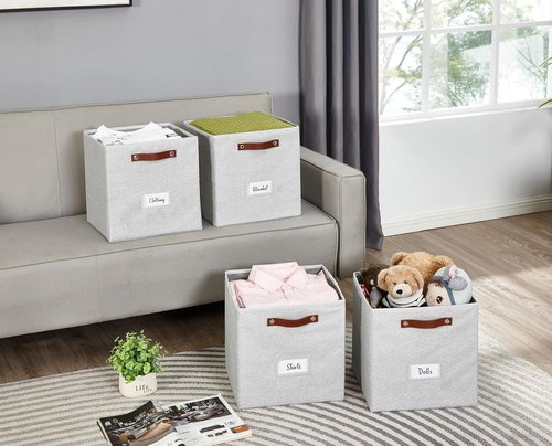 DECOMOMO Storage Cubes - 13x13x13 Fabric Organizer Bins with Labels | Set of 6 in Light Texture Grey