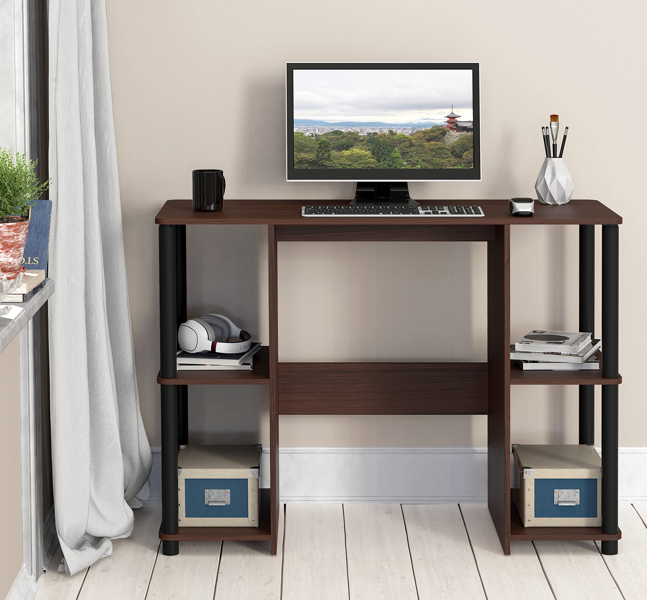 SHW 38-Inch Home Office Wood Desk with Double Sided Shelves, Cherry