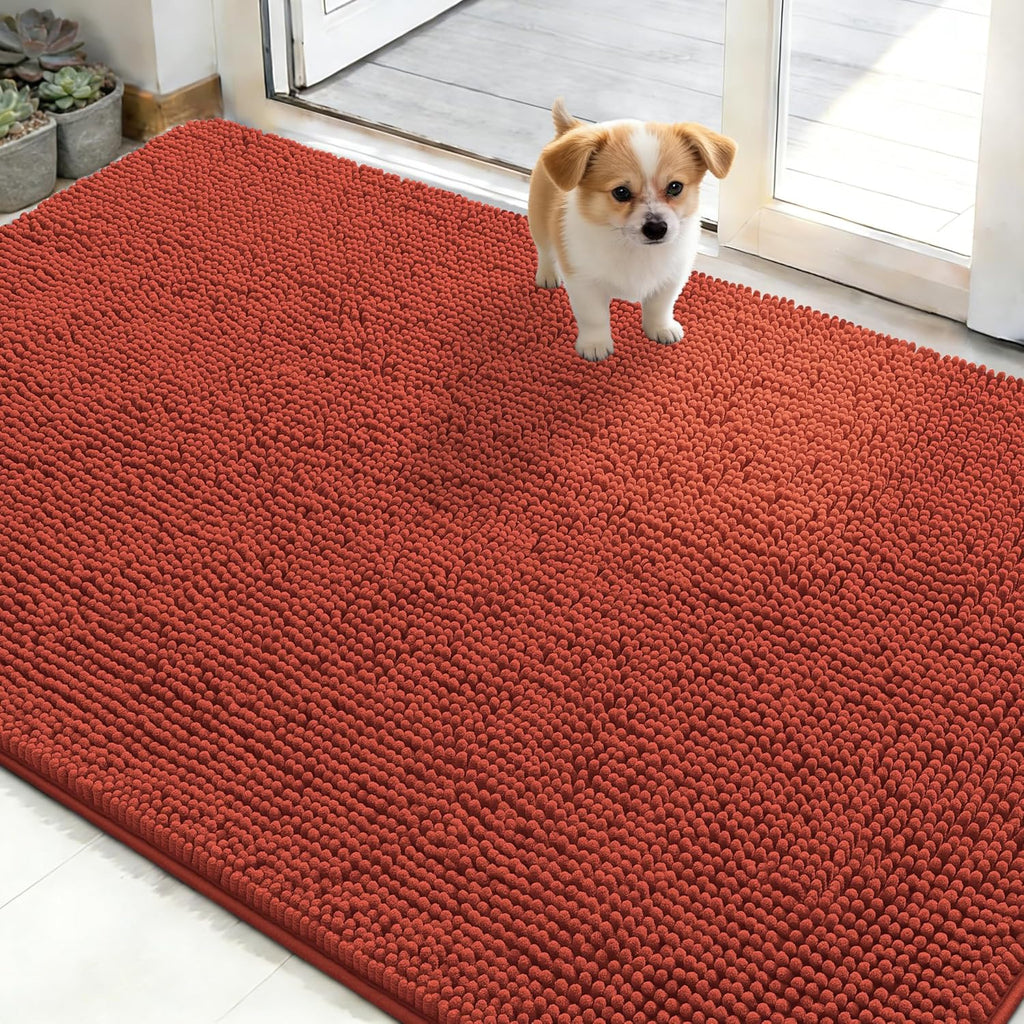 OLANLY Dog Door Mat - Absorbent Non-Slip Chenille Mat for Muddy Paws | 48x30, Quick Dry Maple Red