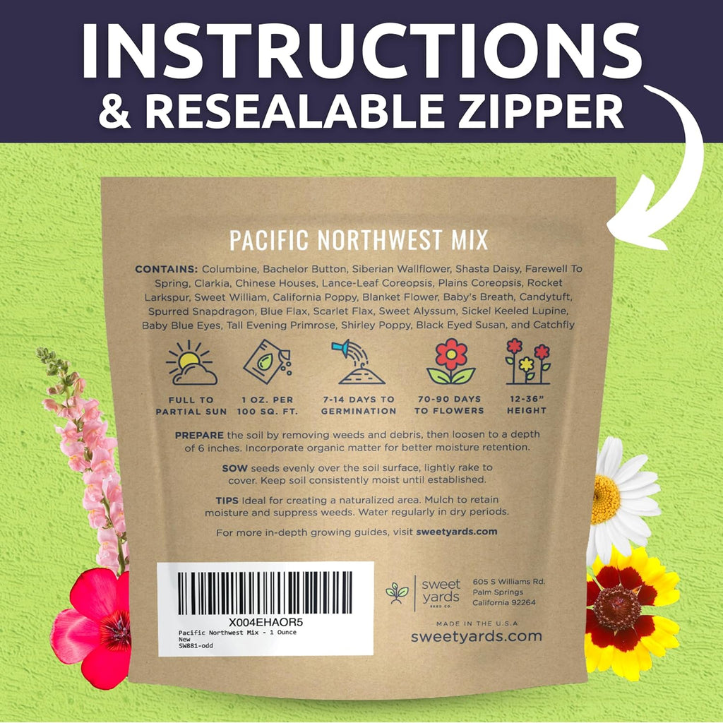 Pacific Northwest Regional Mix | Large 1 Ounce Packet of 24,000 Wildflower Seeds for Planting