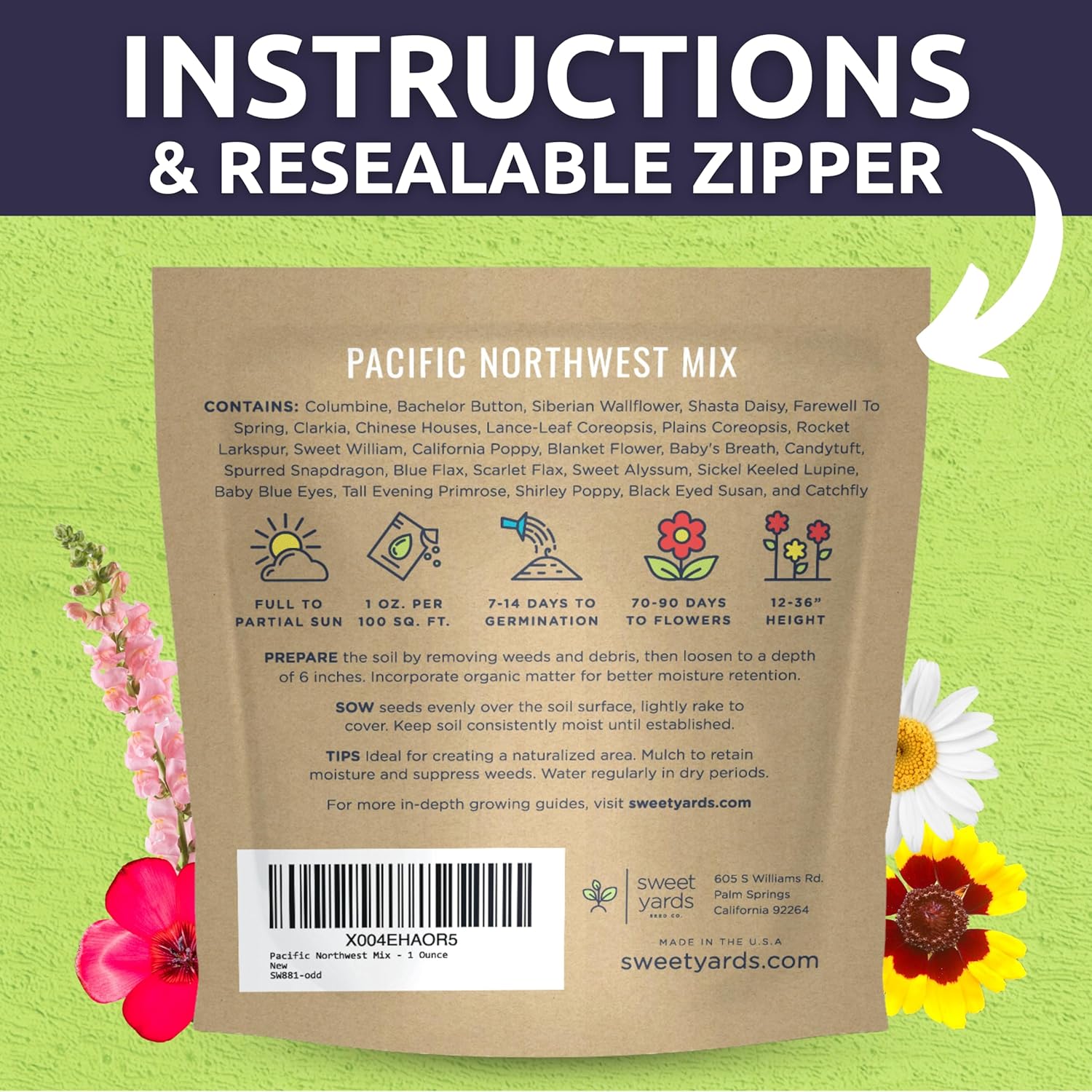 Pacific Northwest Regional Mix | Large 1 Ounce Packet of 24,000 Wildflower Seeds for Planting