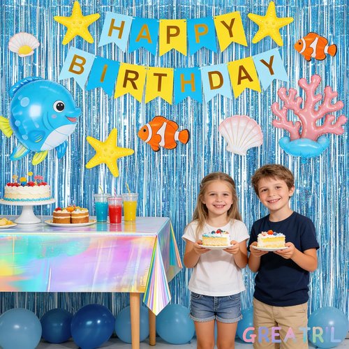 GREATRIL Blue Tinsel Curtain Backdrop - Foil Streamers for Frozen, Mermaid & Baby Parties - Set of 2