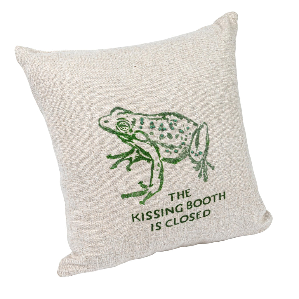 16" Square Linen Blend Printed Pillow with Frog and The Kissing Booth is Closed Text Prints and French Knots, Natural and Green