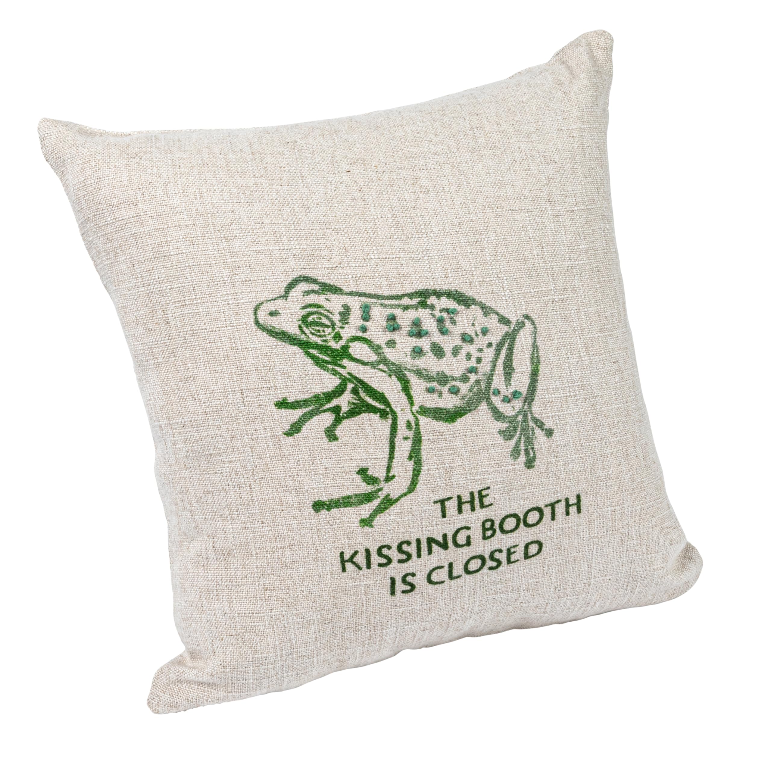 16" Square Linen Blend Printed Pillow with Frog and The Kissing Booth is Closed Text Prints and French Knots, Natural and Green