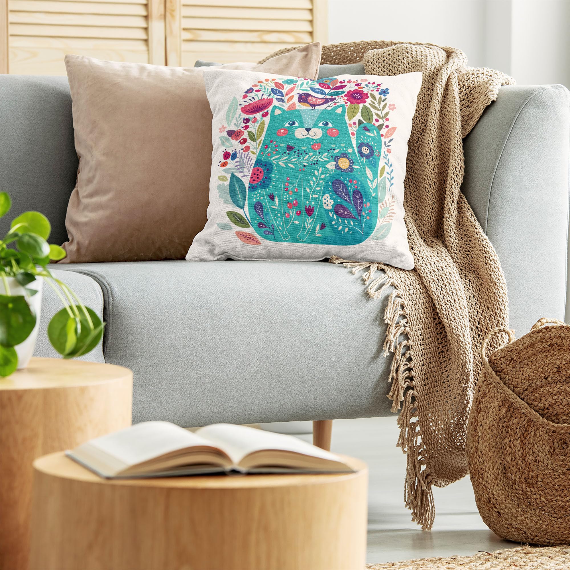 Ambesonne Cat Throw Pillow Cushion Cover, Kitty Surrounded by Birds Flowers Ladybugs Inspirational Folk Theme, Decorative Square Accent Pillow Case, 18" X 18", Multicolor Seafoam