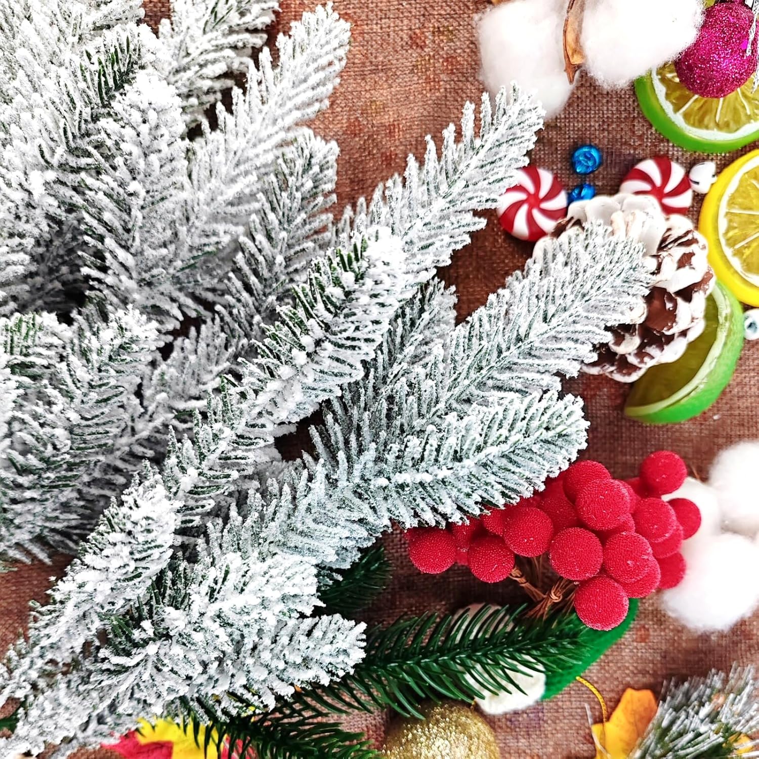 NSBELL Artificial Flocking Pine Picks - 20PCS 11.8-Inch Christmas Greenery for Wreaths & Holiday Decor