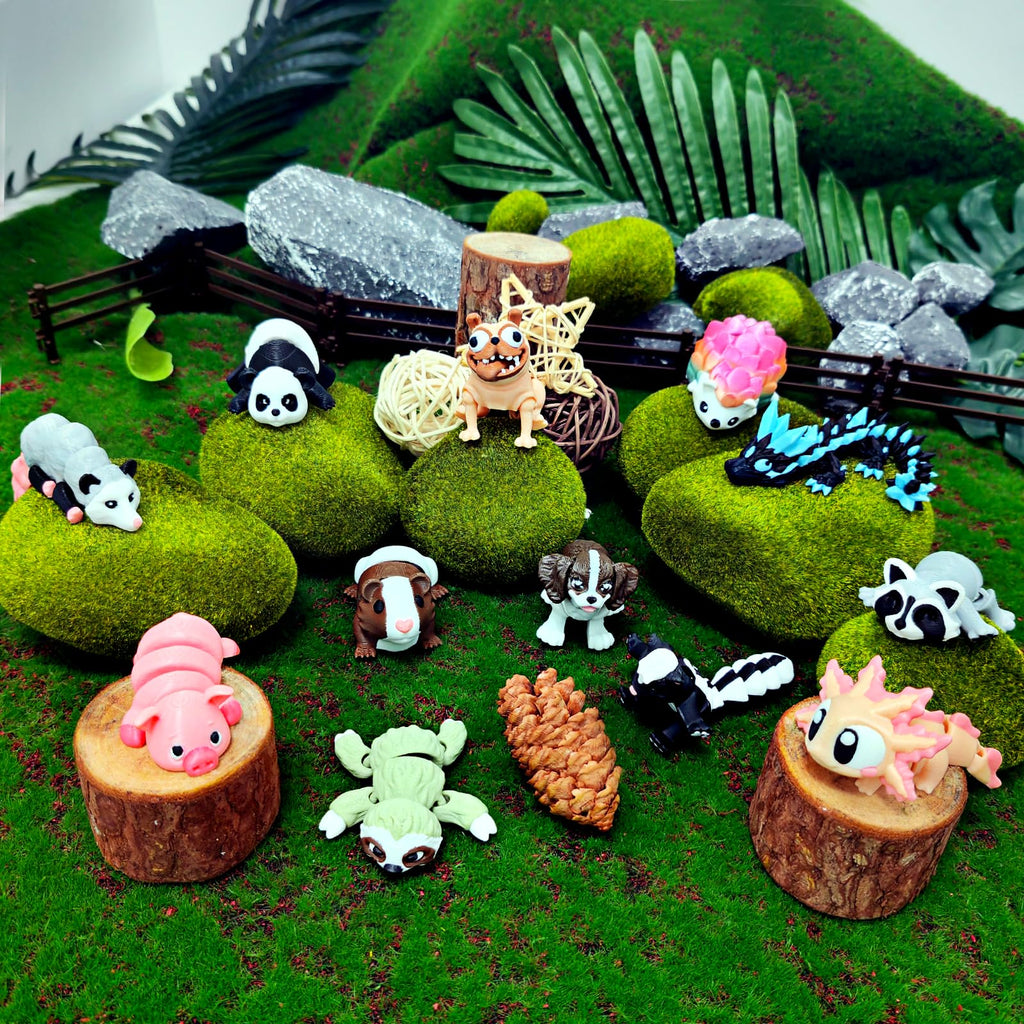 AQXYTK 12-Pack 3D Printed Animal Figurines Set, Articulated Posable Desk Companions & Fidget Toys (4"), Creature Collection Dog/Panda/Dragon/Sloth/Raccoon – Office Desk Decor, Party Favors, Gift