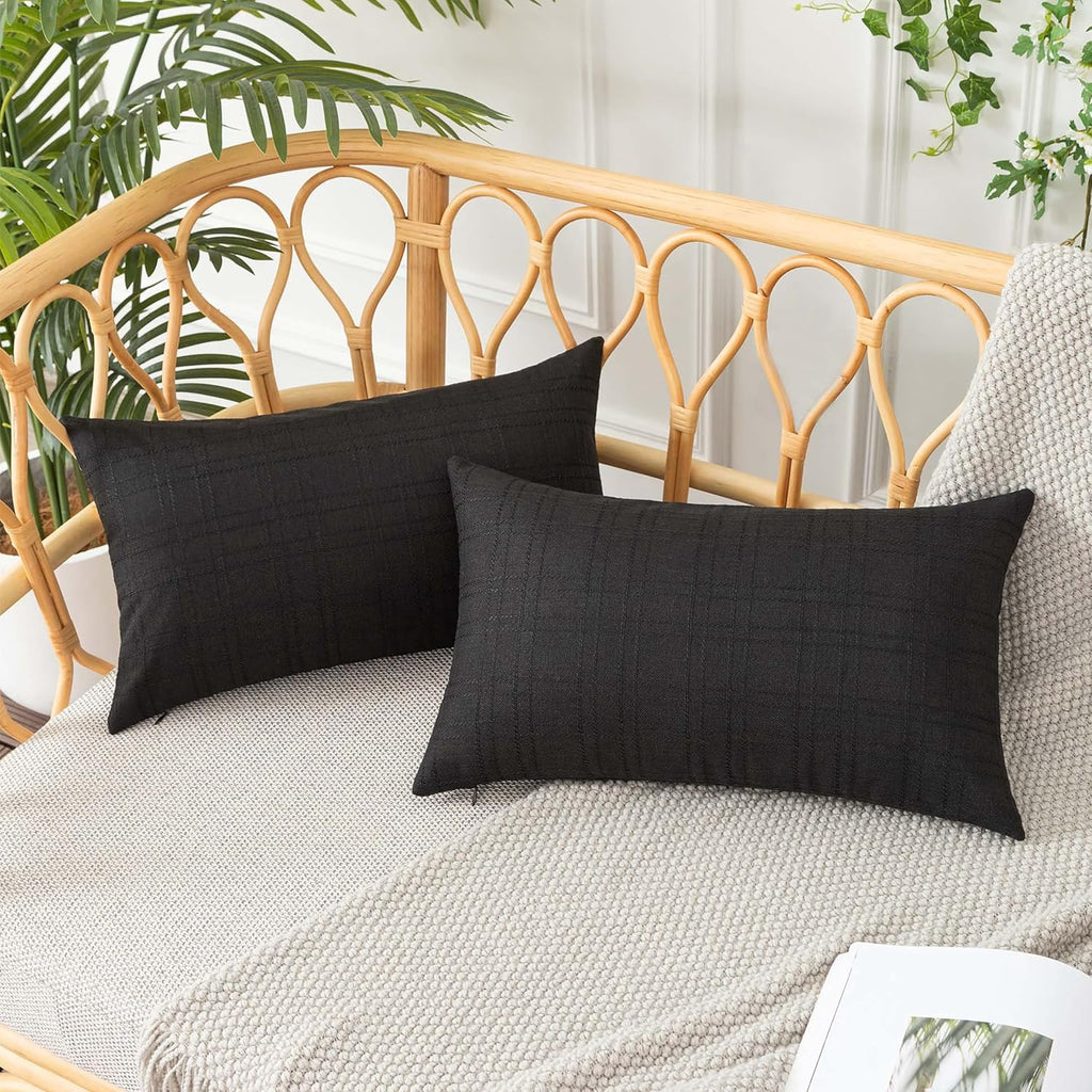 UGASA Outdoor Throw Pillow Covers - Waterproof Plaid Texture | Set of 2, 12x20 Inch, Black for Patio & Garden