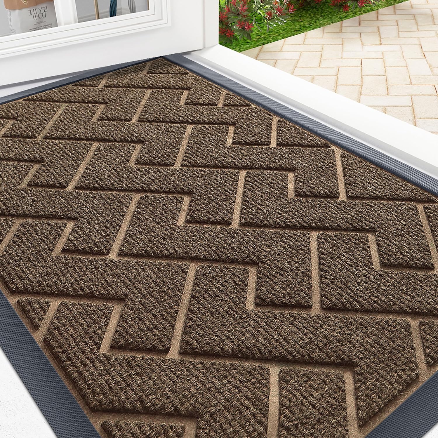 OLANLY Waterproof Front Door Mat - All-Season Indoor/Outdoor Doormat, Easy Clean Herringbone Design (Brown, 36x24)