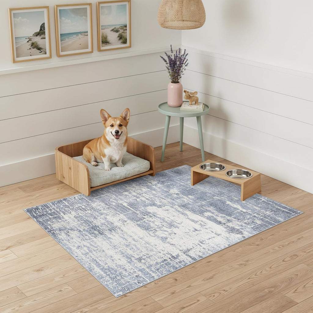 Skiennix Washable 2x3 Entryway Area Rug - Modern Abstract Soft Non-Slip Floor Mat in Blue/Ivory
