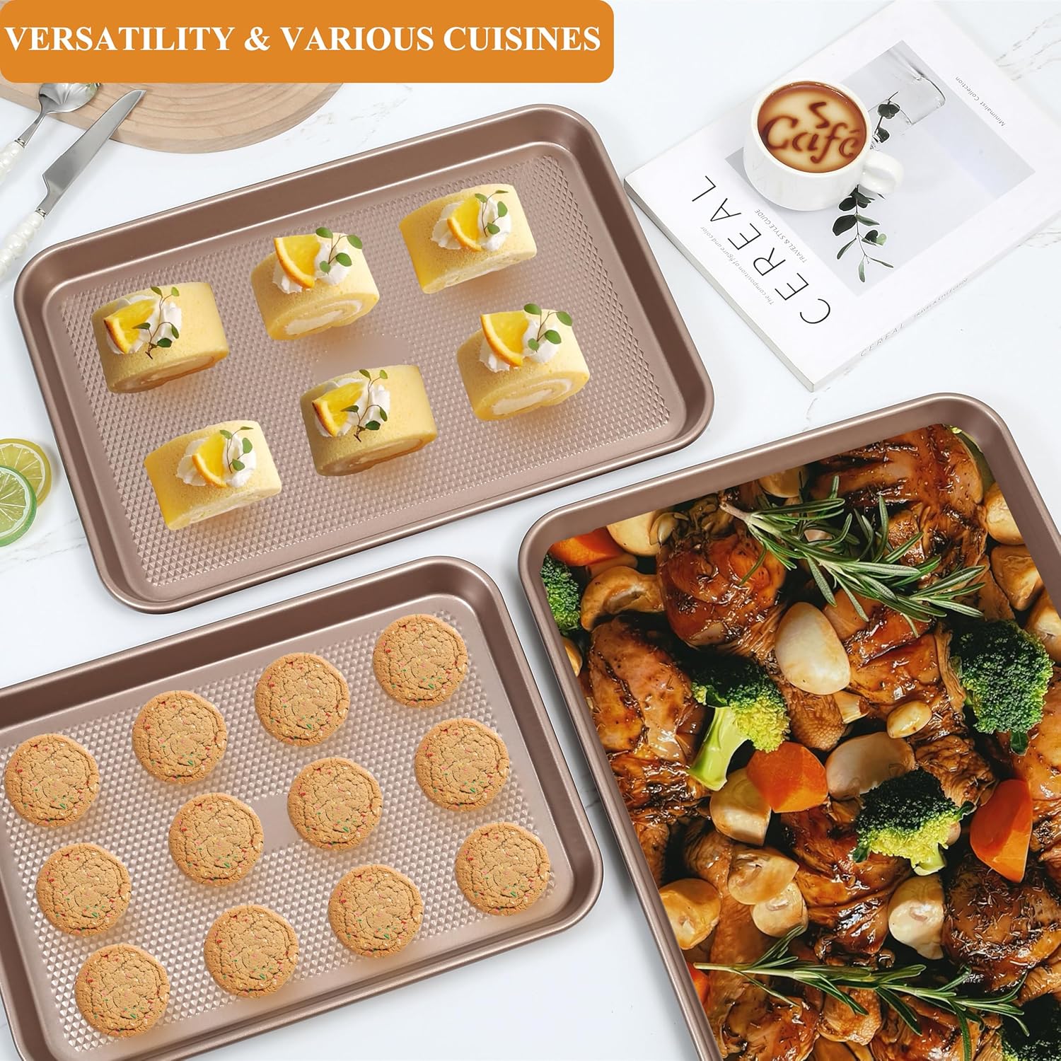 SS&CC Nonstick Baking Sheet Pan Set - 3 Durable Carbon Steel Cookie Sheets, PFOA-Free & Oven Safe (17.5x12, 15.5x10.2, 13.5x9.5 Inch)