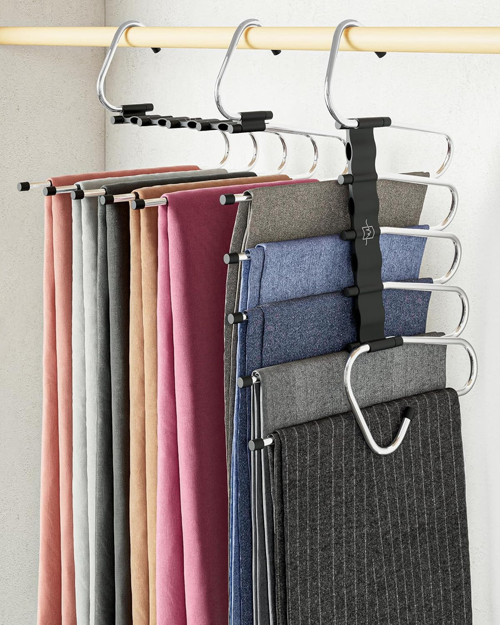 MORALVE Pants Hangers - Space-Saving Non-Slip Multi-Layer Closet Rack - 4 Pack for Jeans, Trousers & Skirts (Black)