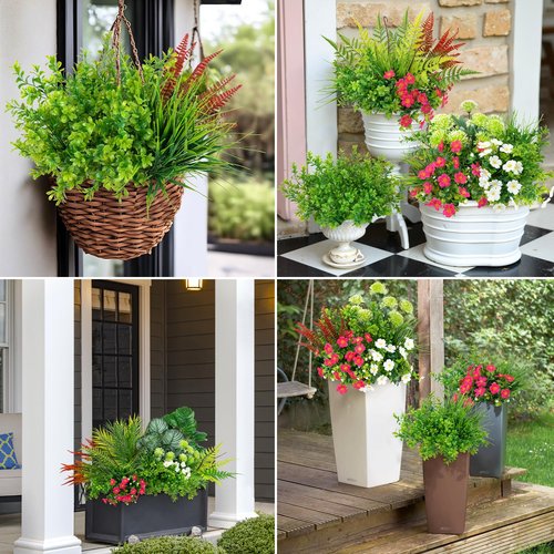 Besteek 20 Pcs Artificial Plants Outdoor Fake UV Resistant Artificial Flowers Greenery Stems Boston Fern Faux Shrubs Plastic Plants for Garden Porch Planter Window Box Home Decor