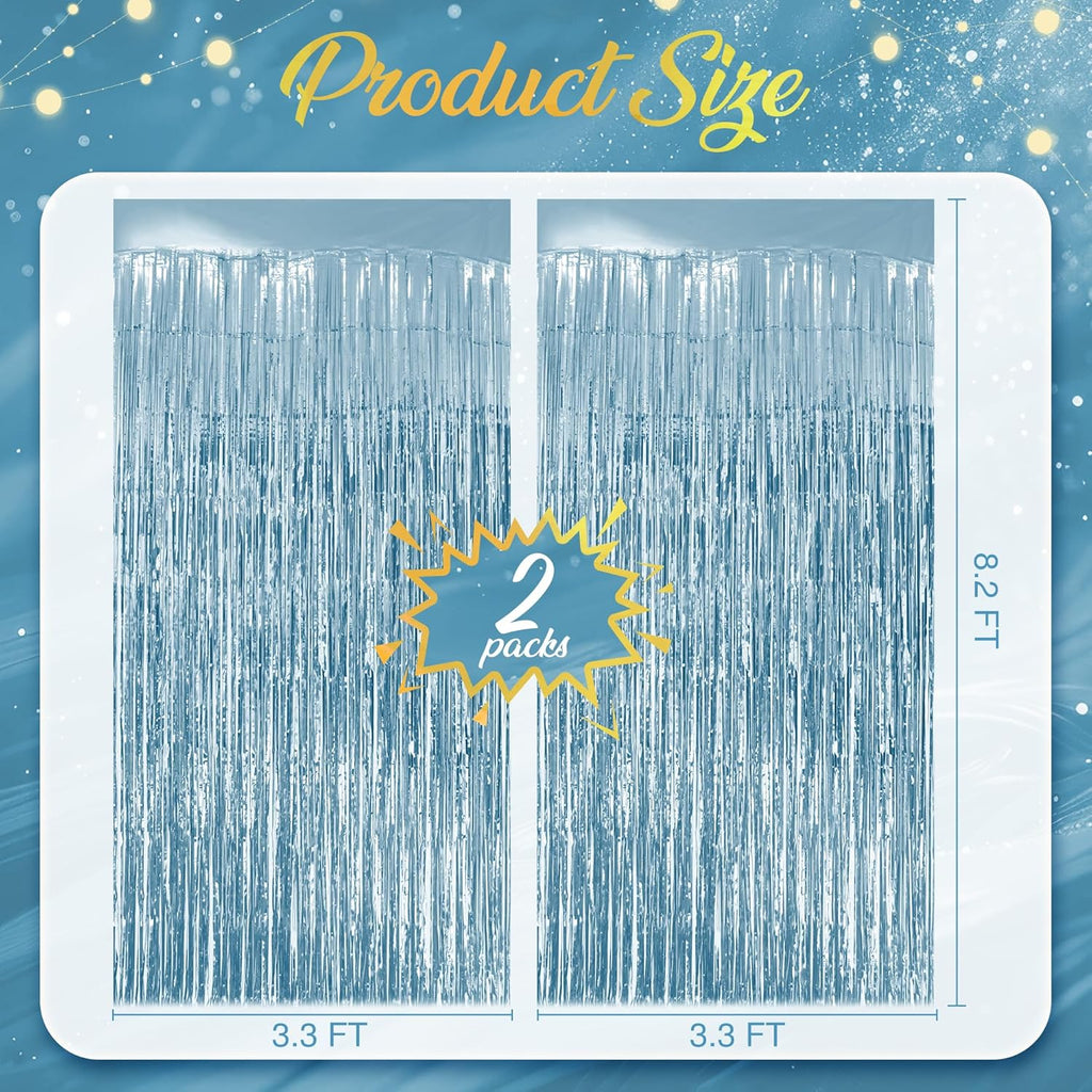 Skiennix Light Blue Fringe Backdrop - 3.2x8.2ft Shining Foil Tinsel Curtains for Parties & Events