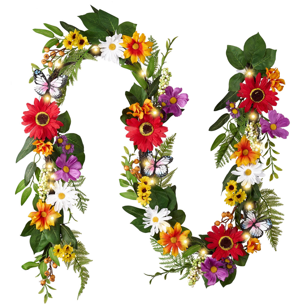 Valery Madelyn 6FT Spring Garland for Mantle, Artificial Flower Garland with Daisy Leaves Butterfly for Home, Fireplace Garland with Lights Backdrop Decor