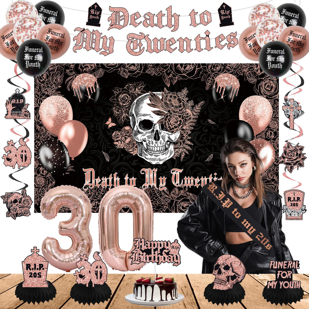 Crenics Rose Gold and Black Death to My 20s Decorations - Death to My Twenties Backdrop, Banner, Honeycomb, Sash, Hanging Swirls, Cake Topper and Balloons for 30th Birthday Party Decorations for Her