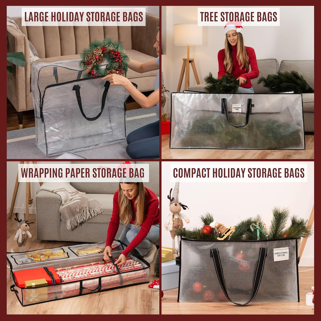 VENO Christmas Wreath, Tree & Wrapping Paper Storage Bags - 8 Pack Multi-Use Set for Easy Holiday Organization