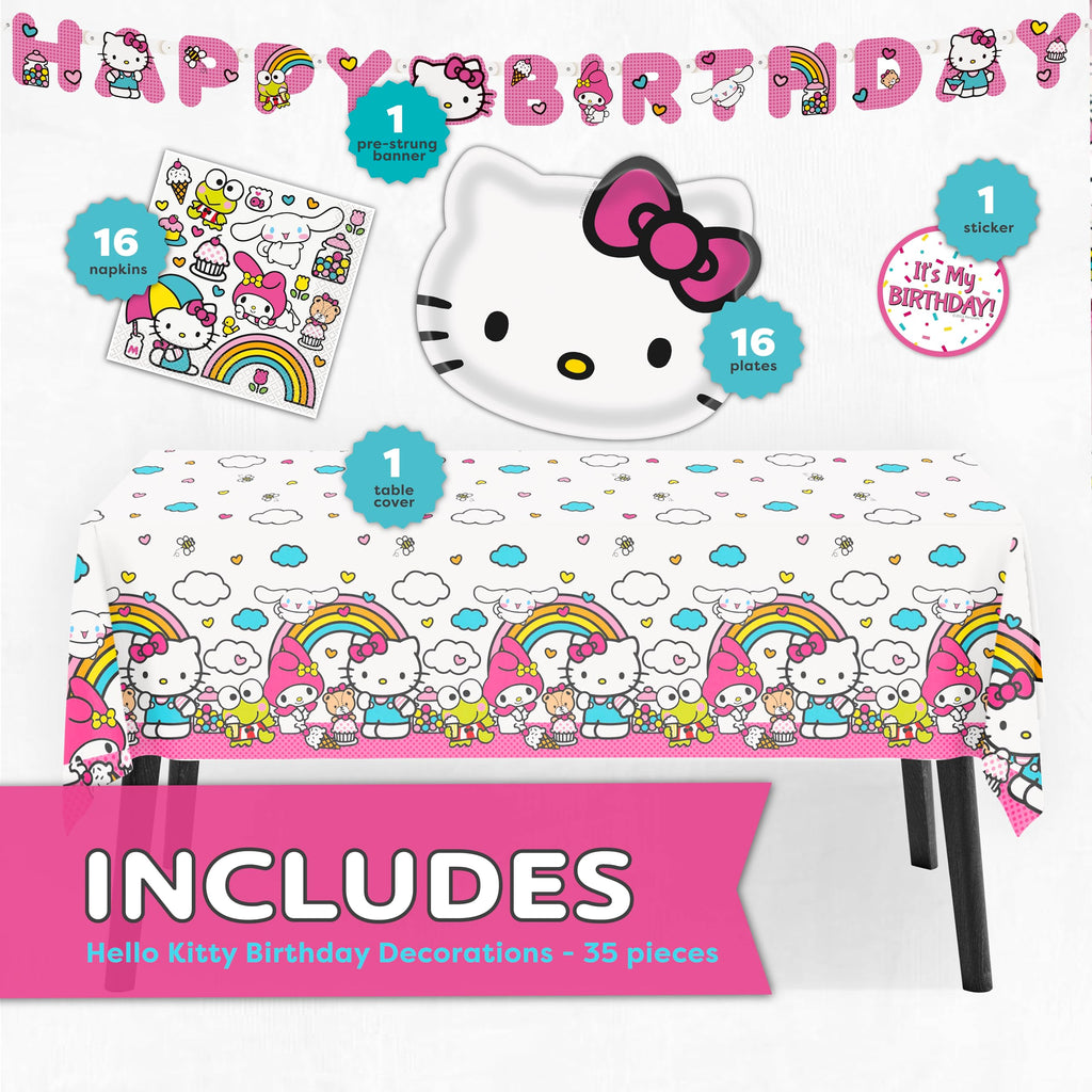 Hello Kitty Birthday Decorations for 16 | Banner, Tablecloth, Plates, Napkins | Officially Licensed Hello Kitty Party Decorations
