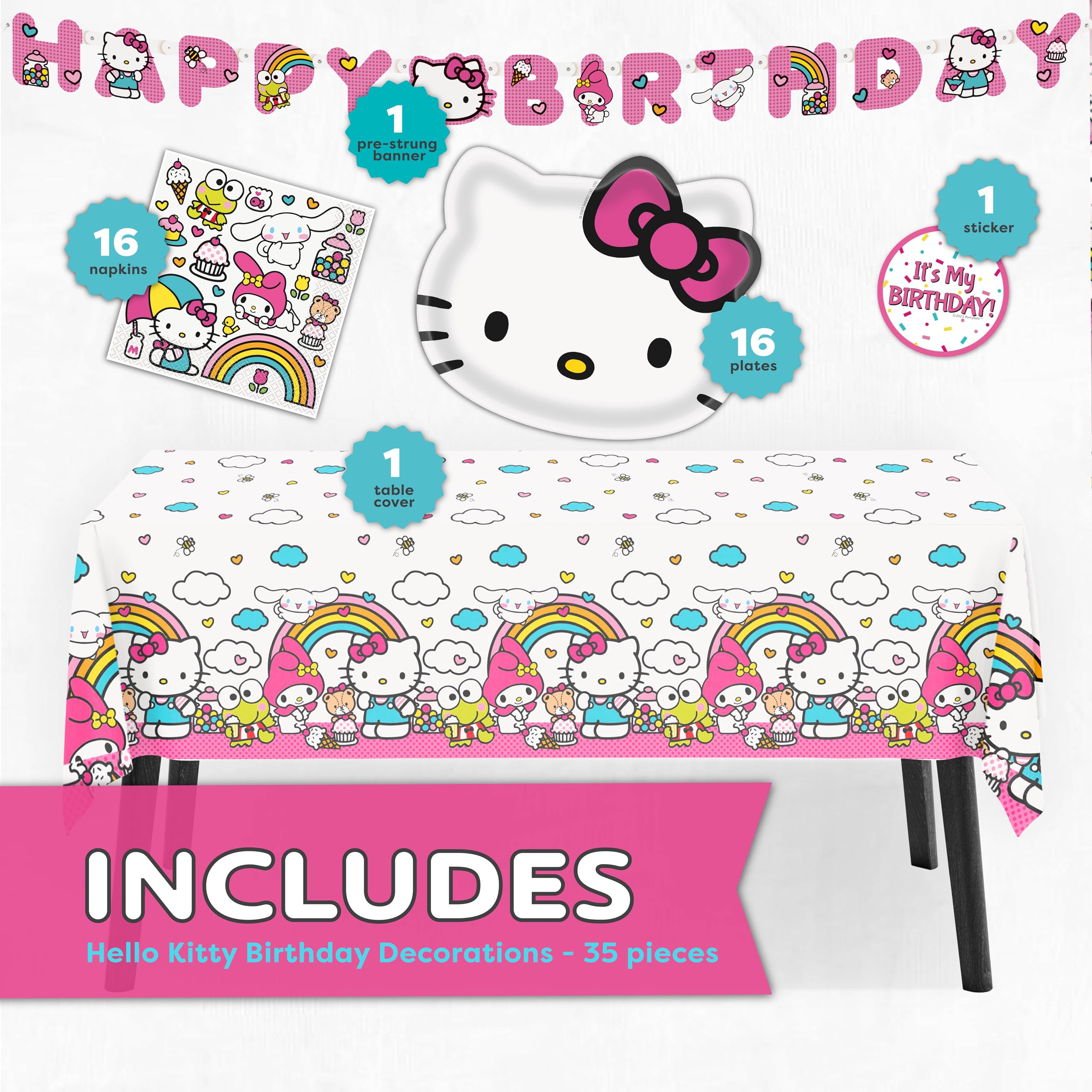Hello Kitty Birthday Decorations for 16 | Banner, Tablecloth, Plates, Napkins | Officially Licensed Hello Kitty Party Decorations