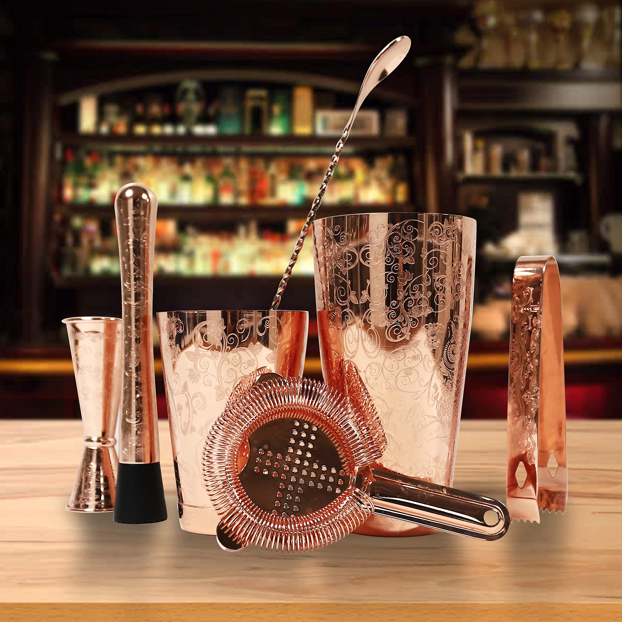 Sky Fish Bartender Kit Cocktail Shaker Set-6 Pieces Stainless Steel Copper Plated Etching Bar Tools with Boston Shaker Tins,Mixing Spoon,Mojito Muddler,Jigger,Hawthorne Strainer,Ice Tongs