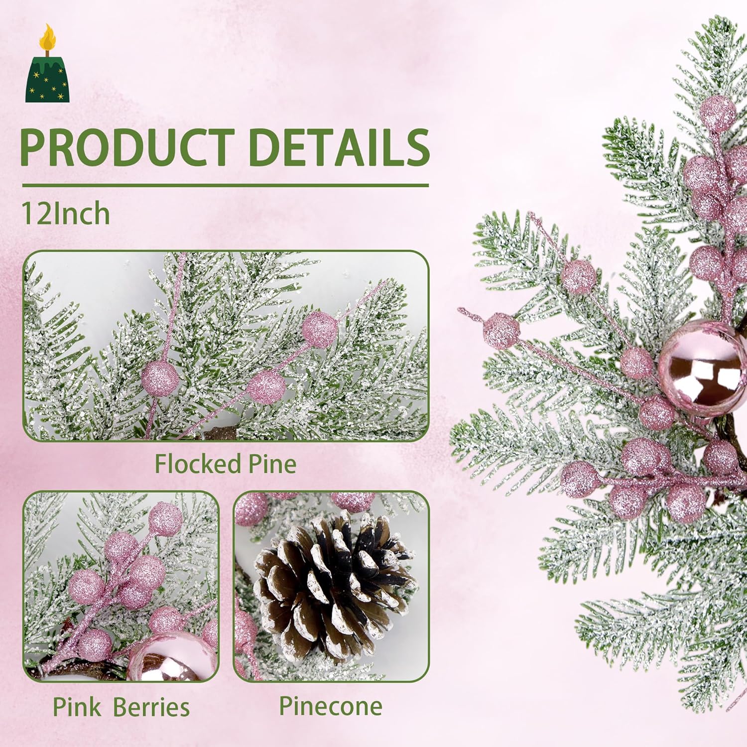 Pink Christmas Candle Rings - 8-Inch Small Wreaths with Pine Cones, Berries & Pine Needles for Holiday Decor