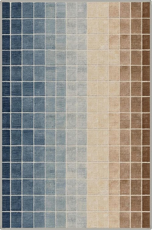 Bavni Runner Rugs - Machine Washable Non-Slip Low Pile | Grid Print Pattern, Blue & Brown, 2x5 ft