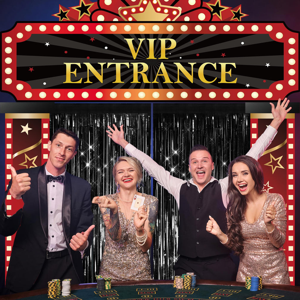 5 Pcs Casino Movie Night Porch Sign Banner with Black Foil Fringe Backdrop Casino Theme Party Decorations VIP Door Entrance Banner Red Carpet Party Decor Movie Theme Theater Birthday Party Supplies