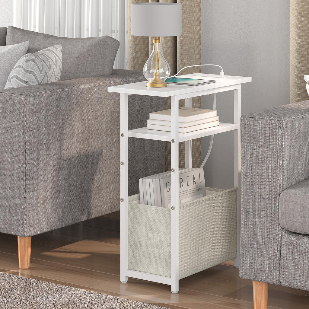 sthmec Narrow Side Table with Charging Station, Small End Table for Small Spaces, Skinny Nightstands with Storage Basket, 3 Tier Sofa Couch Bedside Tables for Living Room,Bedroom, White