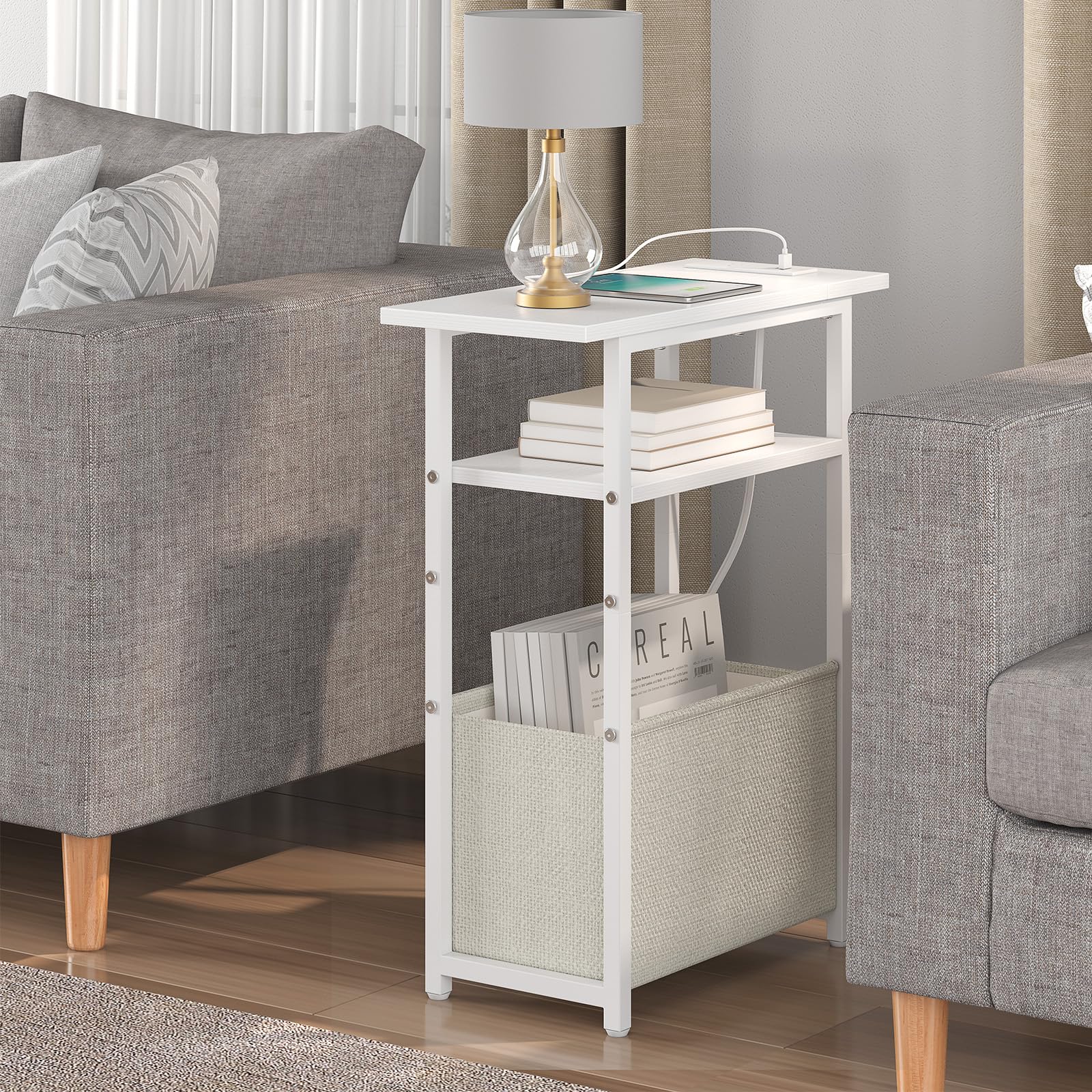 sthmec Narrow Side Table with Charging Station, Small End Table for Small Spaces, Skinny Nightstands with Storage Basket, 3 Tier Sofa Couch Bedside Tables for Living Room,Bedroom, White