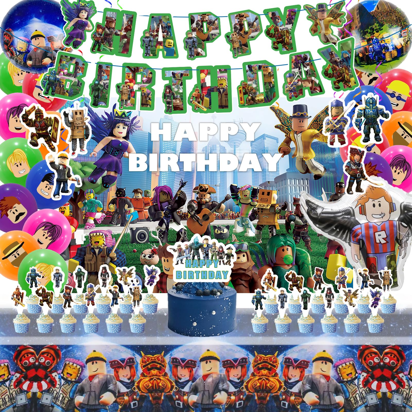 Birthday Party Decorations - Theme Children's Party Supplies Included Happy Birthday Banner, Backdrop, Hanging Swirls, Tablecloth, Cupcake Cake Toppers, Latex Balloons and Foil Balloons
