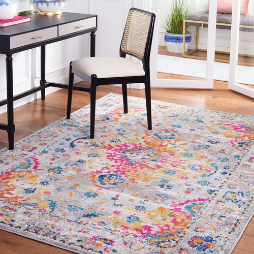 SAFAVIEH Madison Collection Area Rug - 6' x 9', Grey & Fuchsia, Boho Chic Medallion Design, Non-Shedding & Easy Care, Ideal for High Traffic Areas in Living Room, Bedroom (MAD154F)