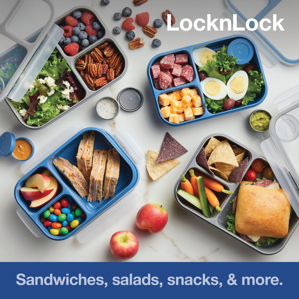 LocknLock LOCK & LOCK On the Go Meals Three Compartment Divided Lunch Box Container with Sauce Cup for School or Work, 50.7-Ounce, Gray