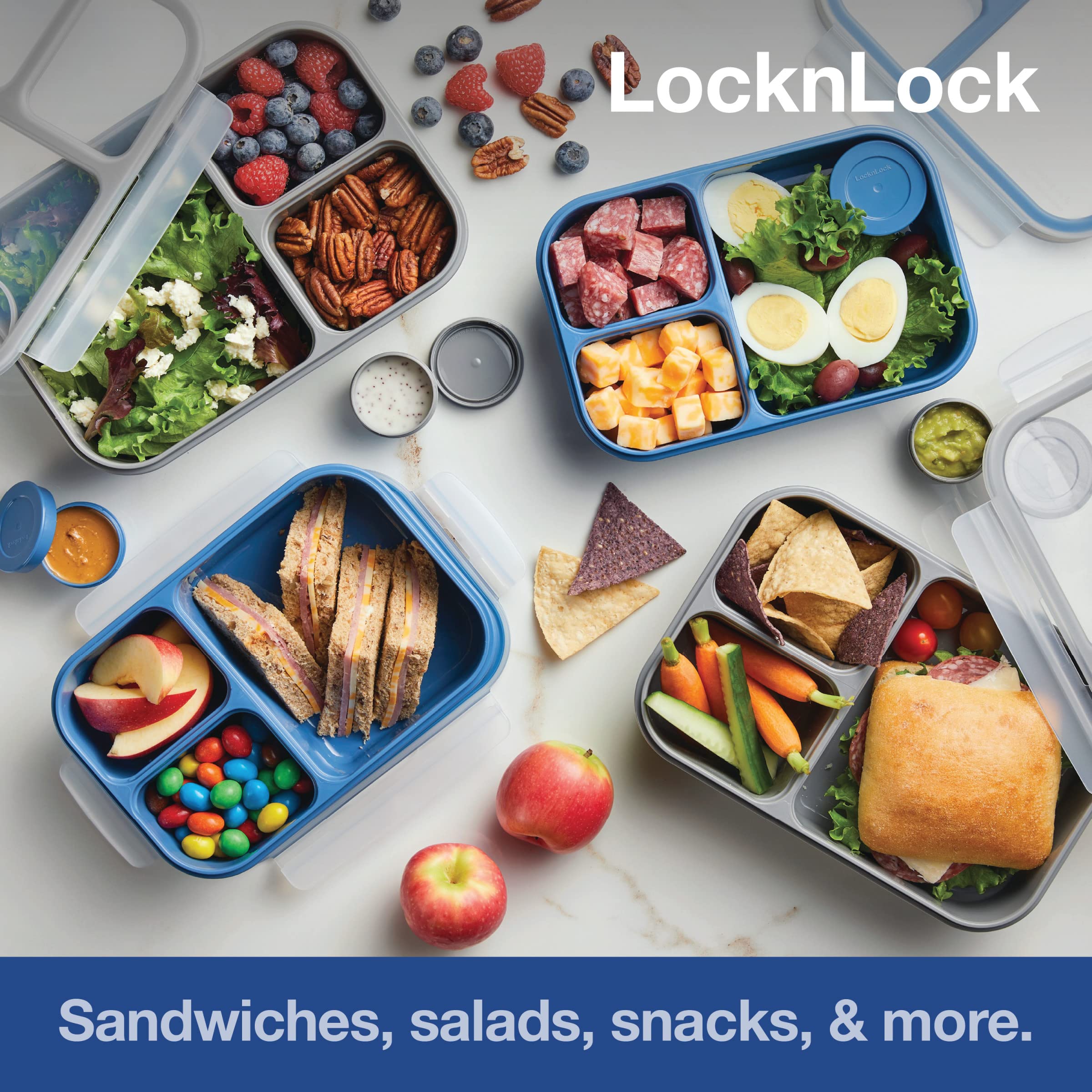 LocknLock LOCK & LOCK On the Go Meals Three Compartment Divided Lunch Box Container with Sauce Cup for School or Work, 50.7-Ounce, Gray
