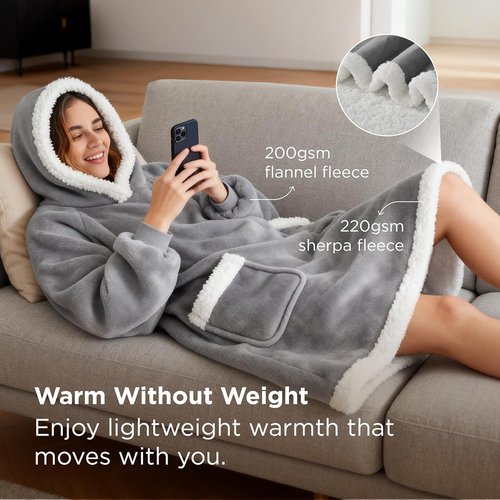 Bedsure Blanket Hoodie - Wearable Sherpa Sweatshirt for Women & Kids | Perfect Gift for Mom, Grey