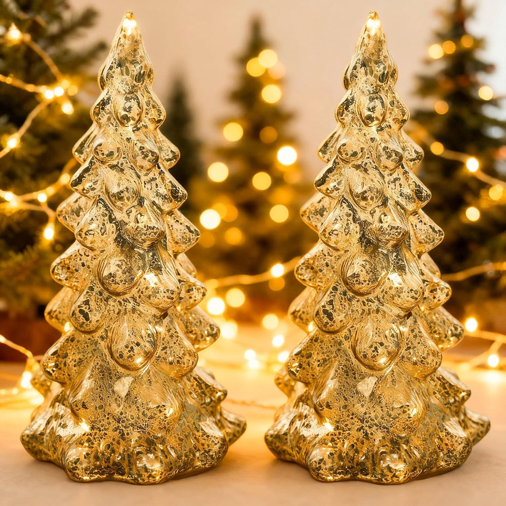 Regine Switzerland Mercury Glass Christmas Tree Set - Gold Collectible Figurines with LED | Indoor Table Centerpiece