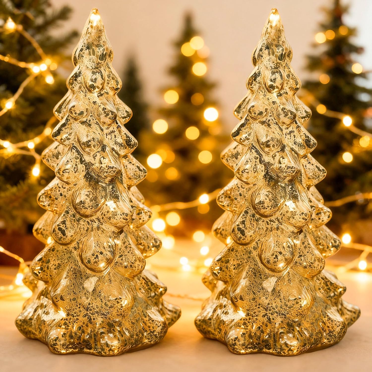 Regine Switzerland Mercury Glass Christmas Tree Set - Gold Collectible Figurines with LED | Indoor Table Centerpiece
