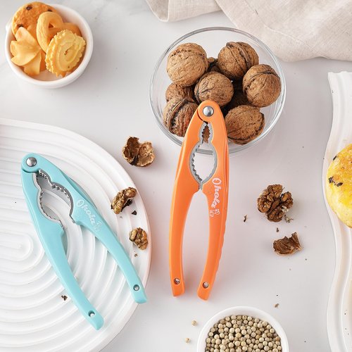2PCS NutCracker, OHOLA Stainless Steel Nut Crackers for All Nuts, Nutcracker Tool for Walnet, Pencan, Chestnut, Crab, Lobster and More, Ergonomic Handle (Stylish Pattern, Orang + Blue)