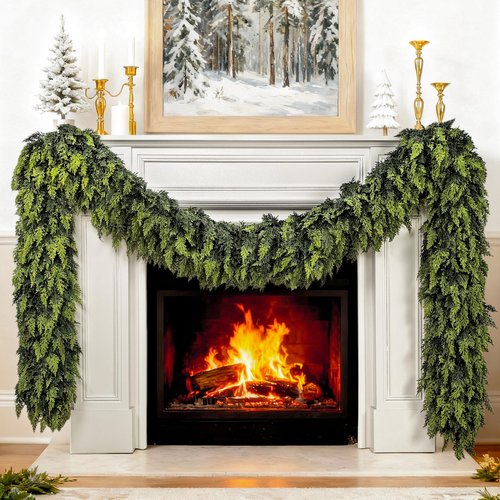 6FT Extra Full Christmas Garland Real Touch Delux Cedar Garland Christmas Decorations Lush Realistic Winter Pine Garland for Mantle, Table, Stairs, Railing, Fireplace Indoor Outdoor Holiday Xmas Decor