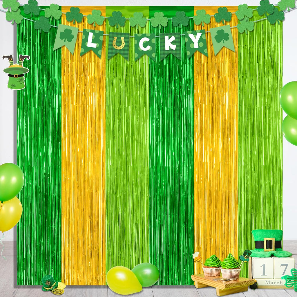 St. Patrick's Day Party Decorations - 2 Pack Green & Gold Backdrop Curtains | 3.28 FT x 7.05 FT Tinsel Streamers