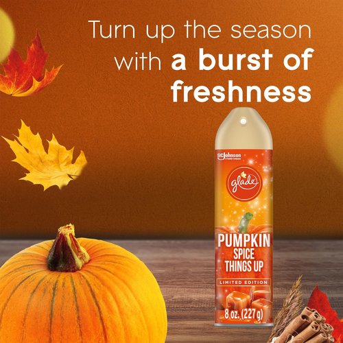 Glade Pumpkin Air Freshener, Pumpkin Spice Things Up, 3 Pack, Odor Eliminator, Fall Seasonal Scent, Halloween, Thanksgiving, Christmas Holiday Fragrance Spray, Cozy Autumn Air Freshener, 8 oz Each
