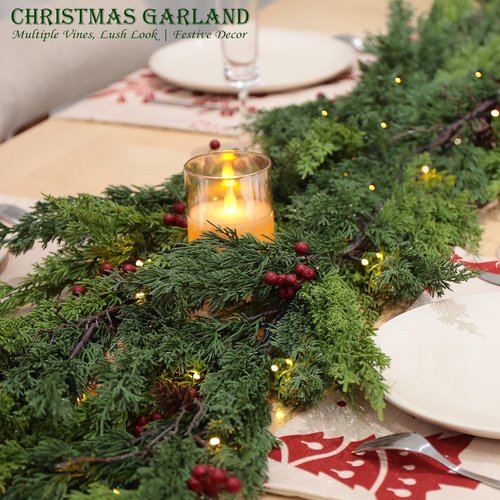 QXXQ 6 Feet Christmas Garland -Real Touch Cedar Garland - Christmas Decorations -Christmas Garland for Table, Wall, Mantle,Outdoor Indoor - Garland for Christmas Decorations Free LED String Lights