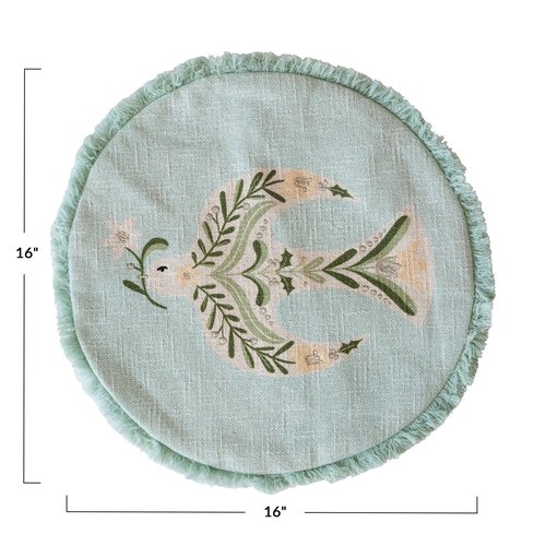 Creative Co-Op, Multicolor Round Cotton Printed Pillow with Embroidered Dove and Fringe