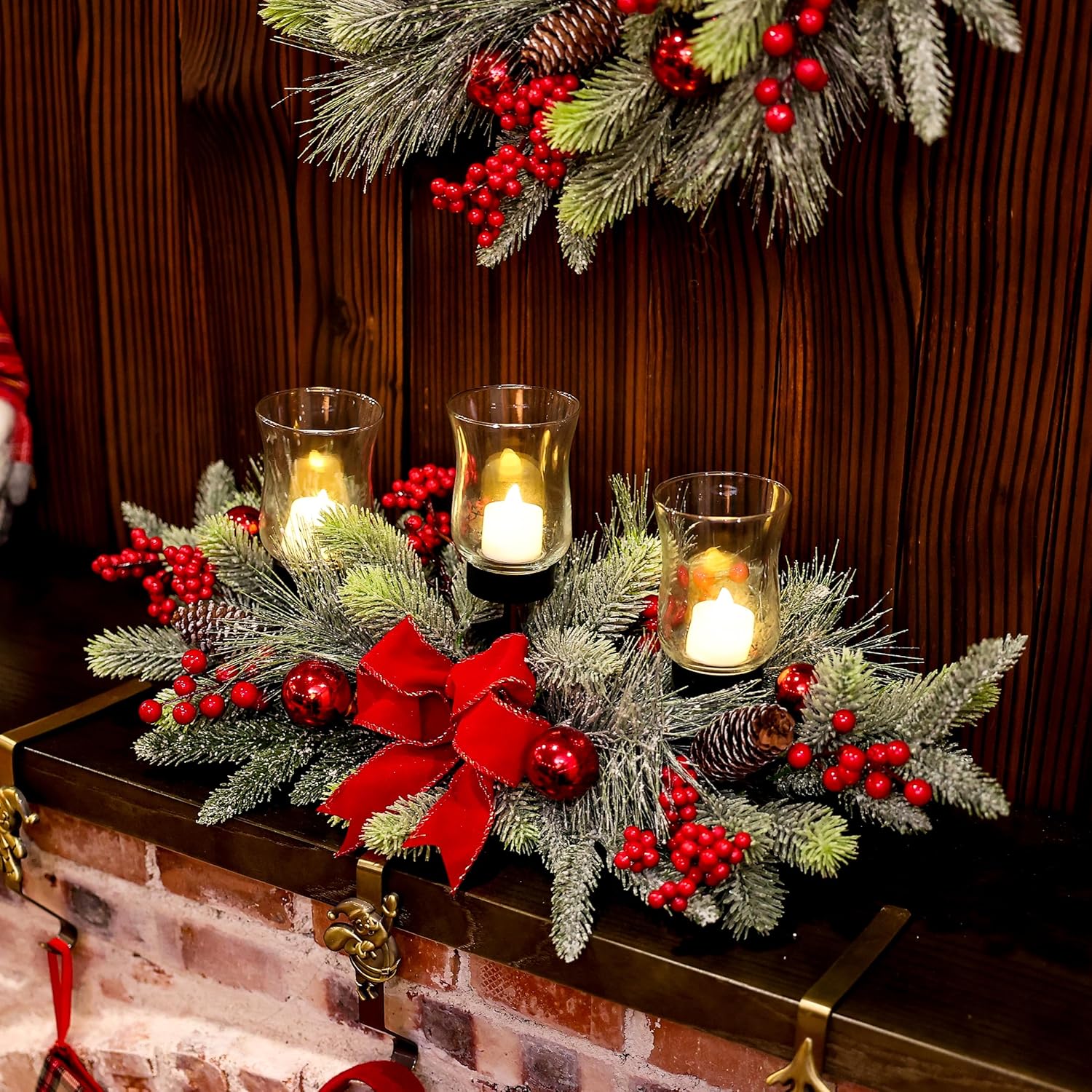 Regine Switzerland Red Christmas Table Centerpiece - Cedar Decoration with 3 Candlestick Glass Cups & Red Berries