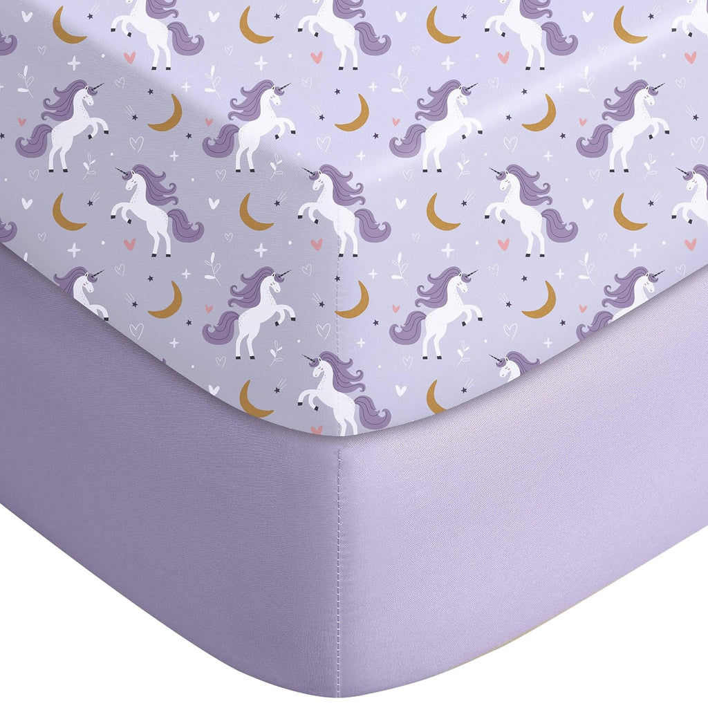 Yoofoss Fitted Baby Crib Sheets - Super Soft Microfiber 2-Pack for Standard Crib & Toddler Mattress | Purple & Unicorn 28x52x8in