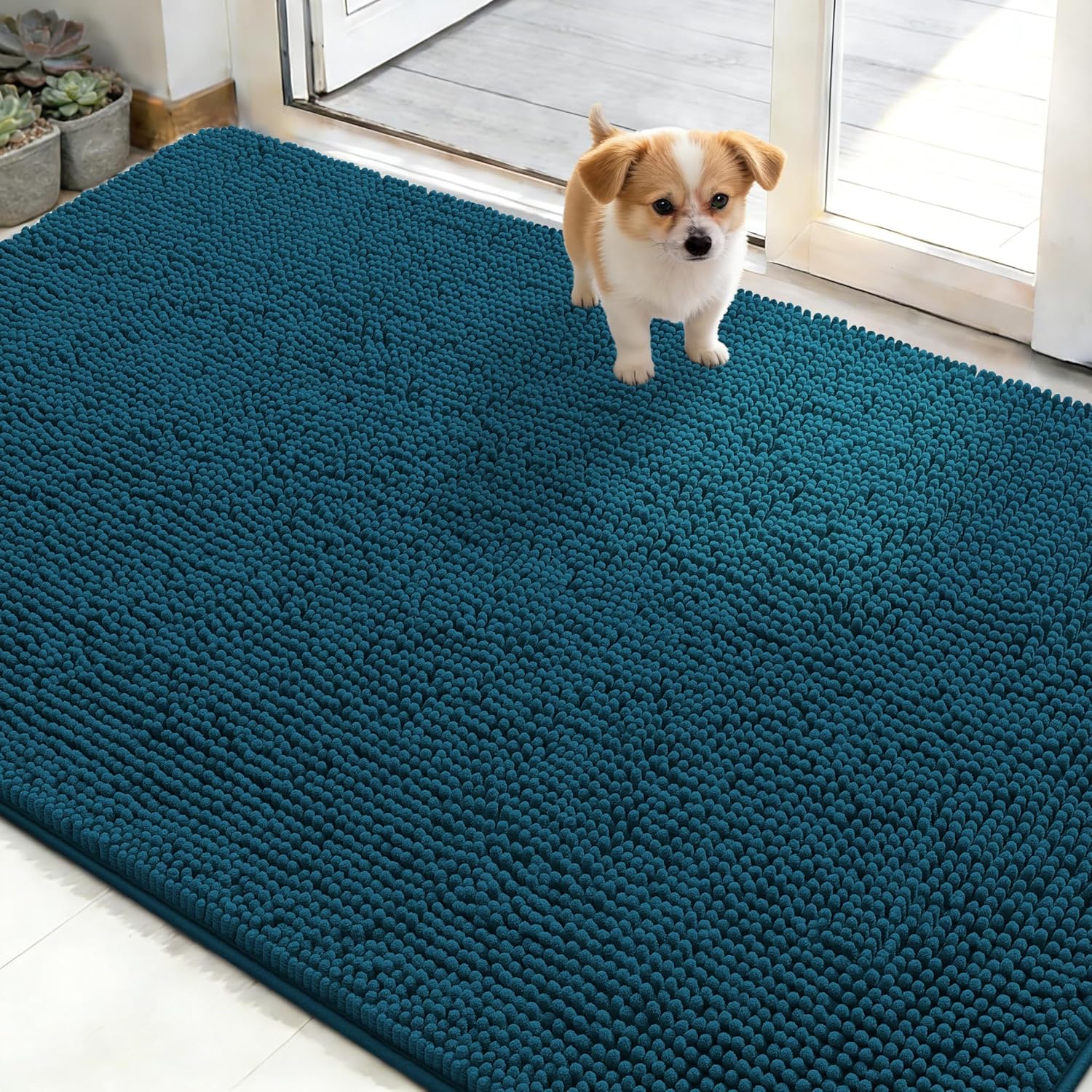 OLANLY Dog Door Mat - Absorbent Non-Slip Washable Doormat for Muddy Paws | 48x30 Atlantic Blue