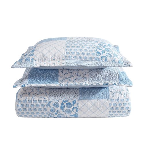 Laura Ashley - Twin Quilt Set, Reversible Premium Bedding with Matching Sham, Luxuriously Soft Home Decor (Colleens Coastal Patchwork Blue, Twin)