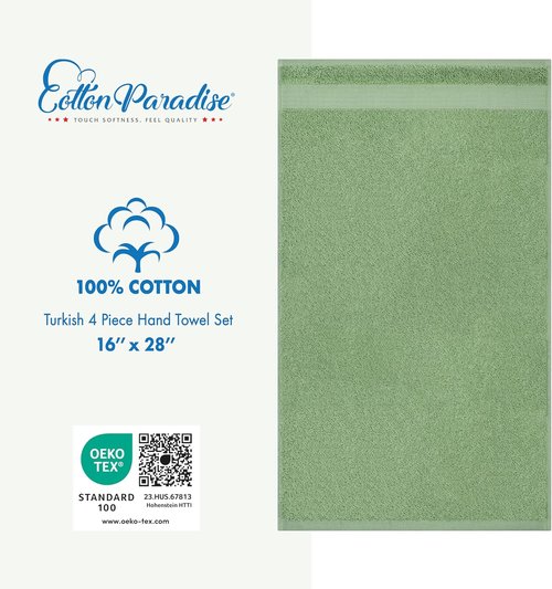 Cotton Paradise Hand Towels - 100% Turkish Cotton, Soft & Absorbent | 4-Piece Sage Green Set